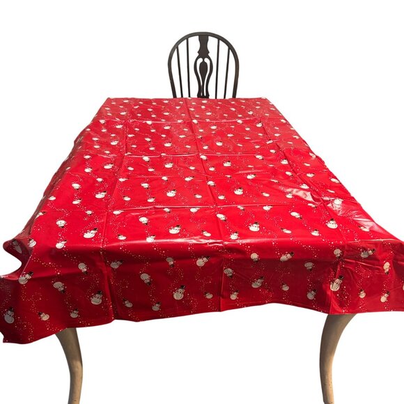Holiday Christmas Snowman Tablecloth Vinyl Backed 96 X 68 Rectangle Red - Picture 2 of 6